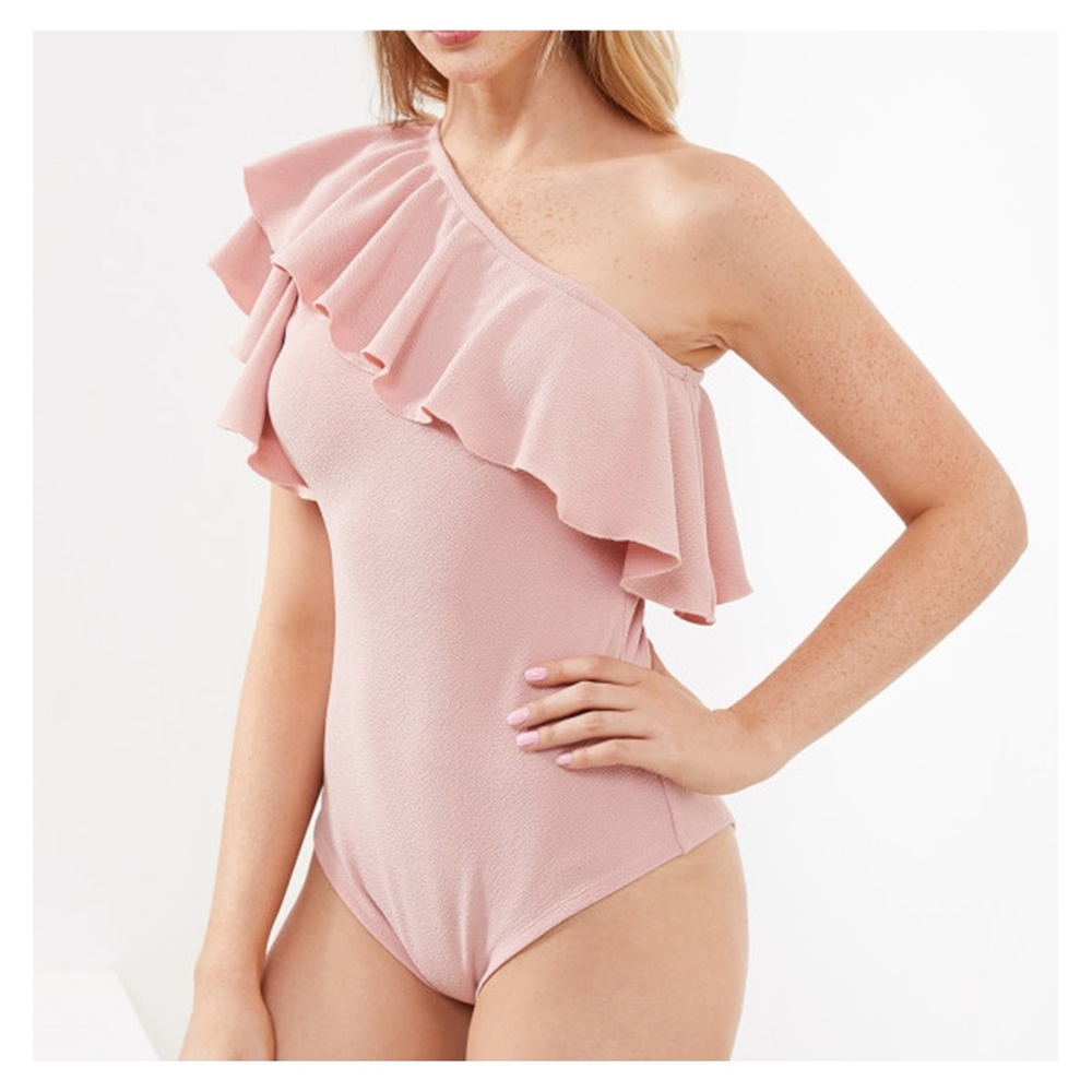Blush Pink One Shoulder Ruffle Bodysuit - Picture 3 of 4